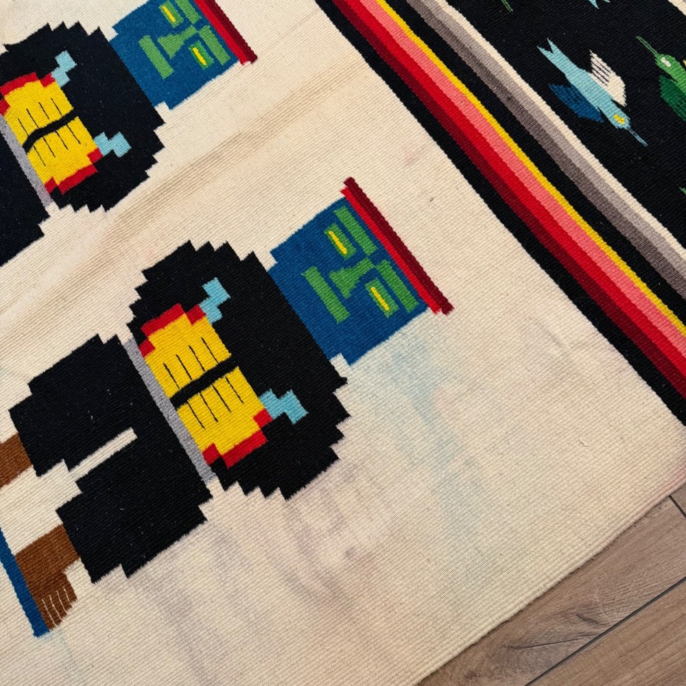 Vintage Zapotec Mexican Wool Rug Handwoven Pictorial Figural Birds 48x80 Oaxacan - Picture 7 of 9